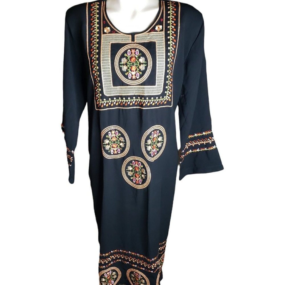 Vtg SUCI XXXL Black  Hippie BOHO Embroidered Caftan Tunic Dress  High Quality